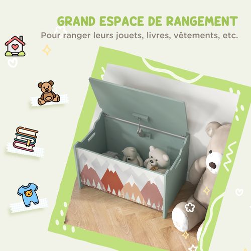 Coffre à Jouet Enfant Design Mountain Adventure Couvercle Rabattable Poignées