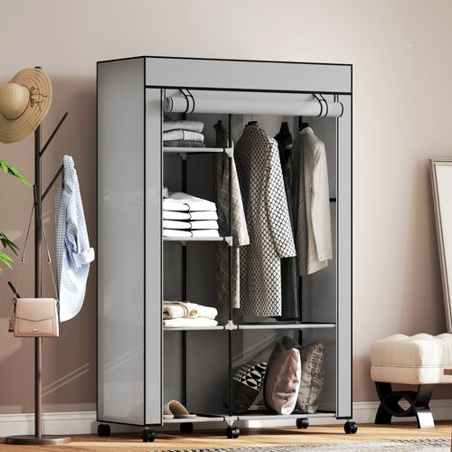 Armoire Penderie Mobile Tissu - 5 Étagères, Penderie - Noir Gris
