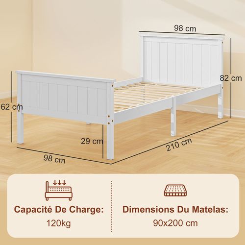 Lit Simple - Tête, Pied Et Sommier - 210l X 98l X 82h Cm - Compatible Matelas 90x190 Cm