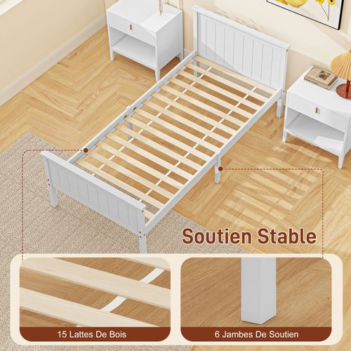 Lit Simple - Tête, Pied Et Sommier - 210l X 98l X 82h Cm - Compatible Matelas 90x190 Cm