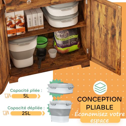 Conteneur à Croquettes Chien Chat Pliable 25l - Roulettes, Tasse, Bol, Cuillère - Gris