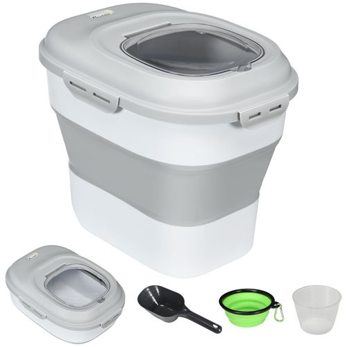 Conteneur à Croquettes Chien Chat Pliable 25l - Roulettes, Tasse, Bol, Cuillère - Gris