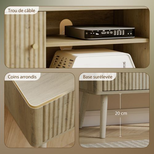 Meuble TV Design Effet Cannelé Naturel 2 Portes 2 Niches