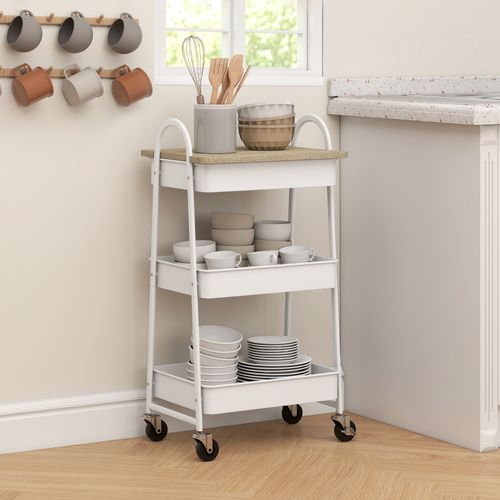 Desserte Style Nordique 3 Niveaux Effet Bois Clair Métal Blanc