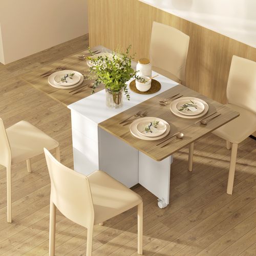 Table De Cuisine Rabattable 4-6 Personnes - 2 Tiroirs, Placard - Blanc Effet Bois