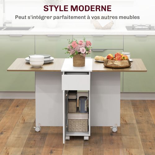 Table De Cuisine Rabattable 4-6 Personnes - 2 Tiroirs, Placard - Blanc Effet Bois