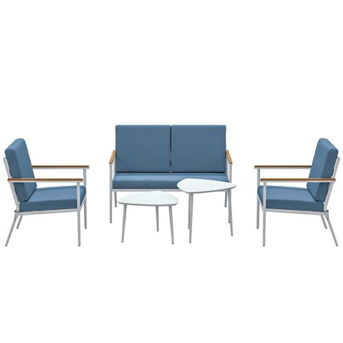 Salon De Jardin 4 Personnes 5 Pièces 2 Tables Basses Gigognes Coussins Bleu