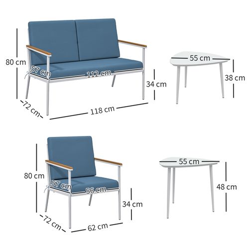 Salon De Jardin 4 Personnes 5 Pièces 2 Tables Basses Gigognes Coussins Bleu