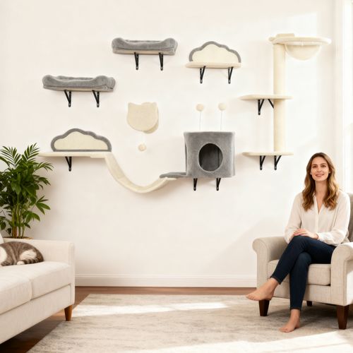 Arbre à Chat Design Mural Parcours Mural Pour Chat 6 Pièces Crème Gris