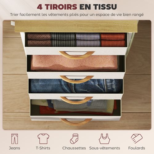 Commode Chiffonnier 4 Tiroirs En Tissu 4 Poches 2 Crochets Acier Blanc Beige