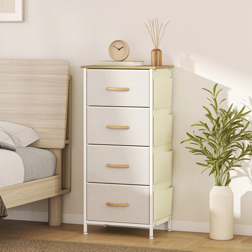 Commode Chiffonnier 4 Tiroirs En Tissu 4 Poches 2 Crochets Acier Blanc Beige
