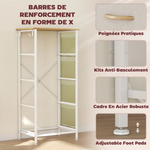 Commode Chiffonnier 4 Tiroirs En Tissu 4 Poches 2 Crochets Acier Blanc Beige