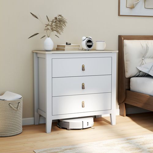 Commode 3 Tiroirs Sur Pieds Poignées Pu Métal Doré Blanc Effet Bois Clair