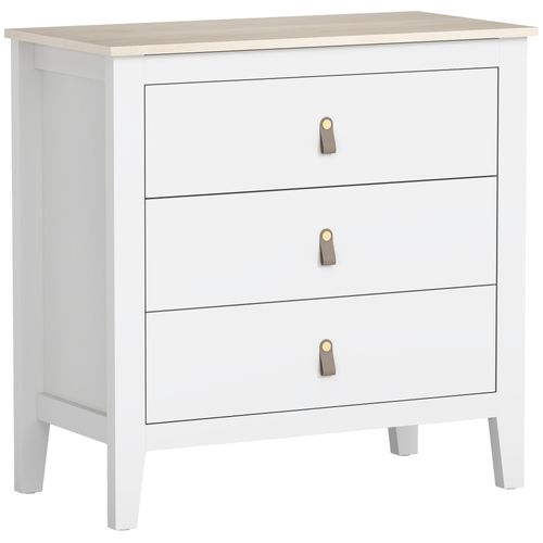 Commode 3 Tiroirs Sur Pieds Poignées Pu Métal Doré Blanc Effet Bois Clair