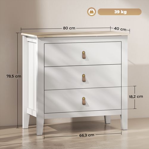 Commode 3 Tiroirs Sur Pieds Poignées Pu Métal Doré Blanc Effet Bois Clair