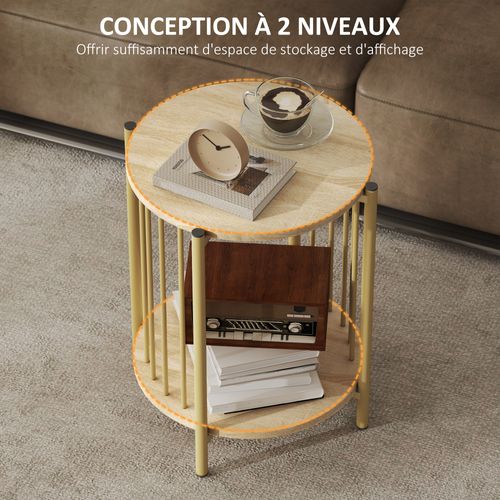 Table Basse D'appoint Design Acier Doré Effet Bois Naturel