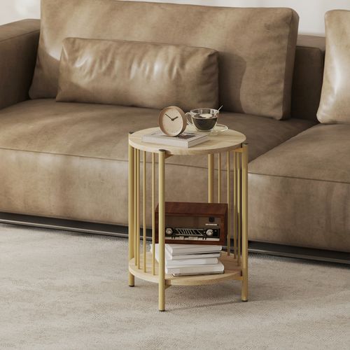 Table Basse D'appoint Design Acier Doré Effet Bois Naturel