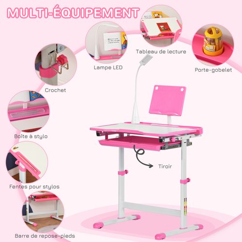 Bureau Enfant Avec Chaise Réglables Lampe Et Support Inclus
