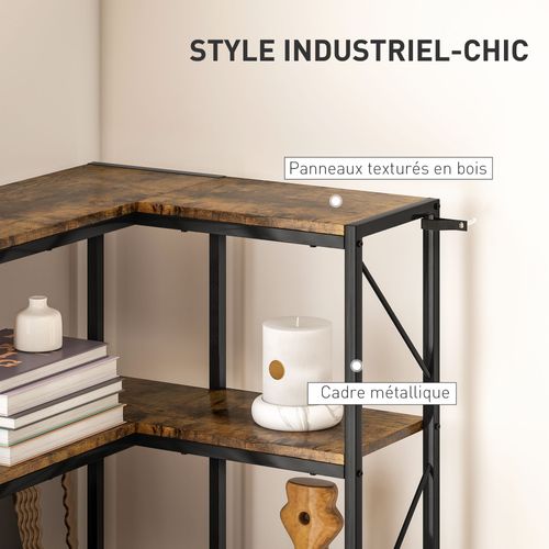 Bibliothèque D'angle 6 Étagères Design Industriel Acier Noir Effet Bois Vieilli