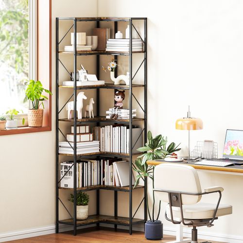 Bibliothèque D'angle 6 Étagères Design Industriel Acier Noir Effet Bois Vieilli