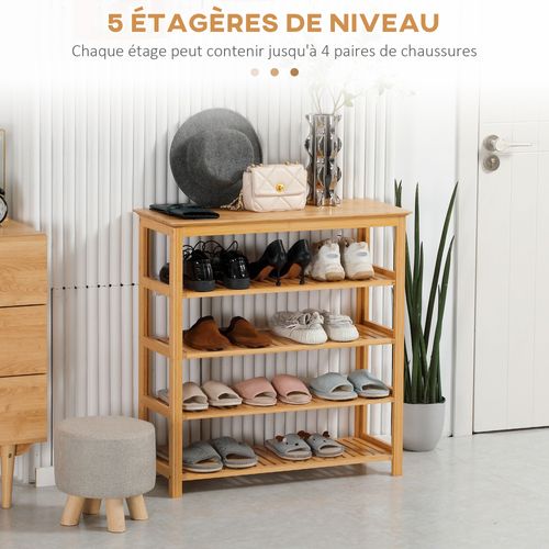 Étagère à Chaussures En Bambou 5 Niveaux Dim. 80 X 29 X 82 Cm