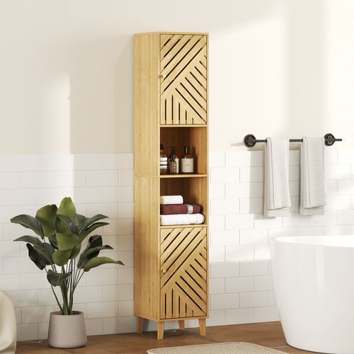 Colonne Salle De Bain Style Cosy Bois Bambou 2 Portes 2 Étagères 2 Niches
