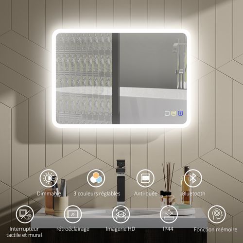 Miroir Lumineux LED 50 X 70 Cm Bluetooth Interrupteur Tactile Lumière Réglable