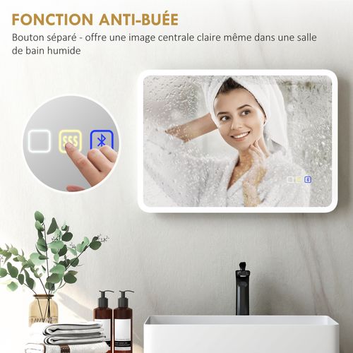 Miroir Lumineux LED 50 X 70 Cm Bluetooth Interrupteur Tactile Lumière Réglable