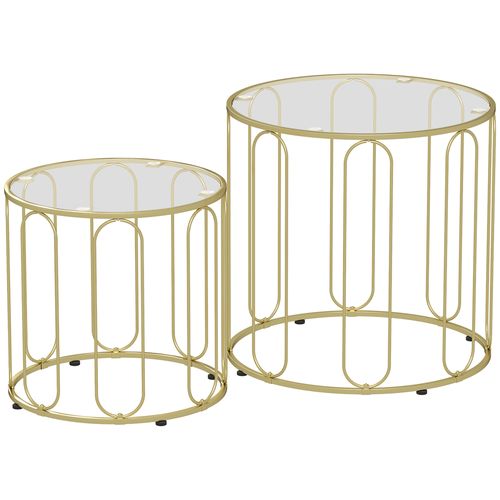 Lot De 2 Tables Basses Gigognes Rondes Style Art Déco Métal Doré Verre