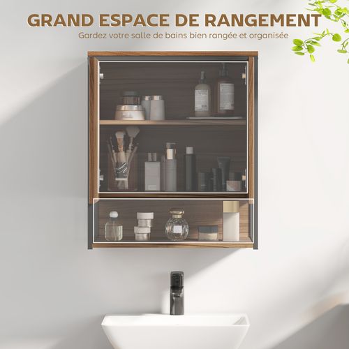 Armoire Miroir Murale Salle De Bain 2 Portes Design Métal Noir Effet Bois Noyer