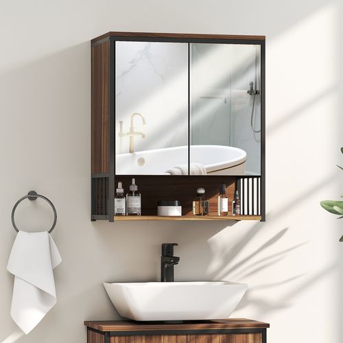 Armoire Miroir Murale Salle De Bain 2 Portes Design Métal Noir Effet Bois Noyer