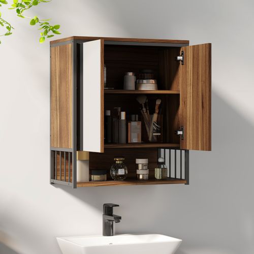 Armoire Miroir Murale Salle De Bain 2 Portes Design Métal Noir Effet Bois Noyer