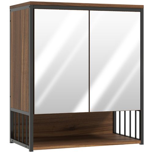 Armoire Miroir Murale Salle De Bain 2 Portes Design Métal Noir Effet Bois Noyer