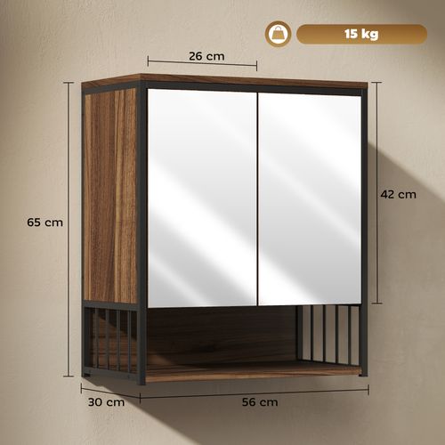 Armoire Miroir Murale Salle De Bain 2 Portes Design Métal Noir Effet Bois Noyer