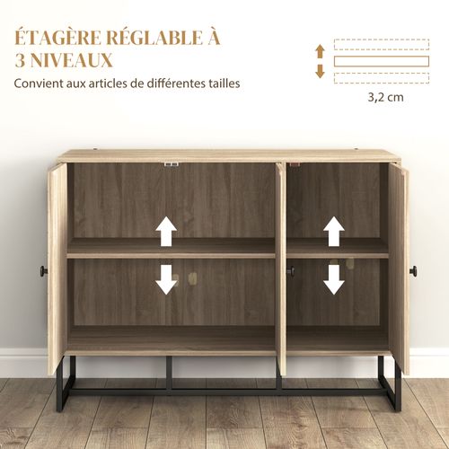 Buffet Design Motif à Chevrons 3 Portes 2 Étagères Acier Noir Effet Chêne Clair