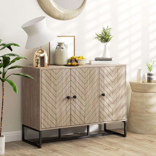 Buffet Design Motif à Chevrons 3 Portes 2 Étagères Acier Noir Effet Chêne Clair