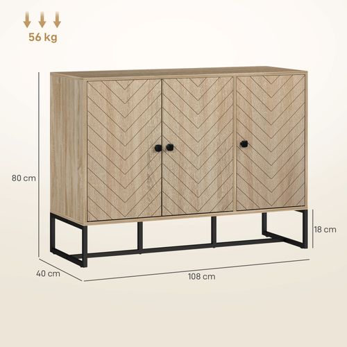 Buffet Design Motif à Chevrons 3 Portes 2 Étagères Acier Noir Effet Chêne Clair