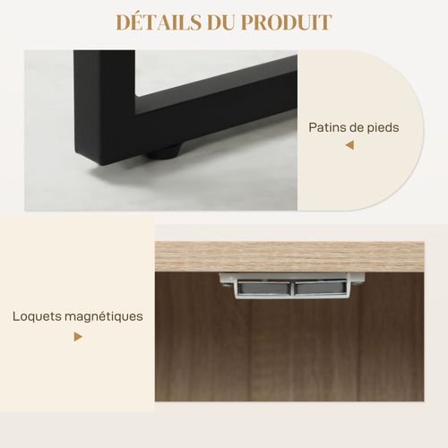 Buffet Design Motif à Chevrons 3 Portes 2 Étagères Acier Noir Effet Chêne Clair