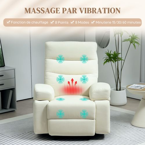 Fauteuil De Massage Relaxation Inclinable Chauffant Tissu Blanc Cassé