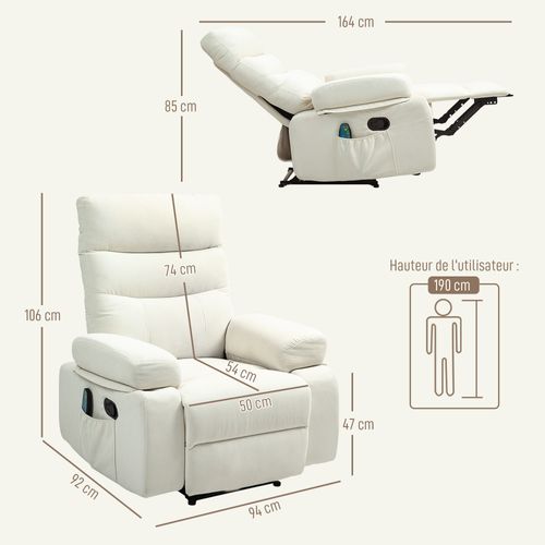 Fauteuil De Massage Relaxation Inclinable Chauffant Tissu Blanc Cassé