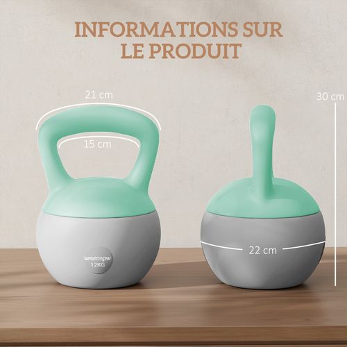 Kettlebell 12 Kg - Prise Ergonomique - Pvc Gris Vert D'eau