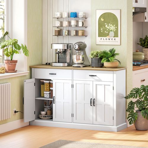 Buffet Style Rural Chic - 4 Portes 2 Étagères 2 Tiroirs - Blanc Effet Bois Clair