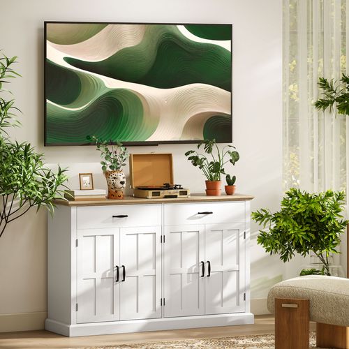 Buffet Style Rural Chic - 4 Portes 2 Étagères 2 Tiroirs - Blanc Effet Bois Clair