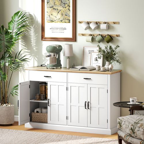 Buffet Style Rural Chic - 4 Portes 2 Étagères 2 Tiroirs - Blanc Effet Bois Clair
