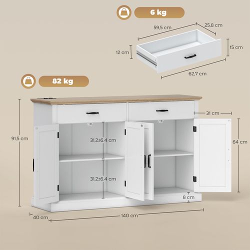 Buffet Style Rural Chic - 4 Portes 2 Étagères 2 Tiroirs - Blanc Effet Bois Clair