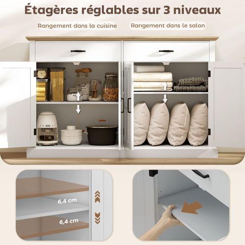 Buffet Style Rural Chic - 4 Portes 2 Étagères 2 Tiroirs - Blanc Effet Bois Clair