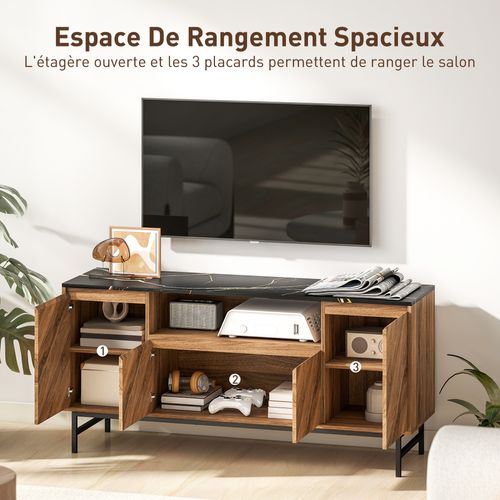 Meuble TV Design Effet Bois Aspect Marbre Noir 4 Portes 2 Étagères Niche