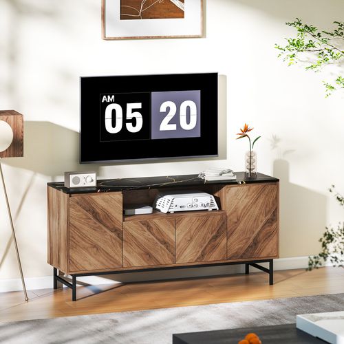 Meuble TV Design Effet Bois Aspect Marbre Noir 4 Portes 2 Étagères Niche