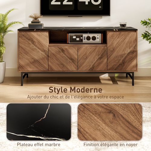 Meuble TV Design Effet Bois Aspect Marbre Noir 4 Portes 2 Étagères Niche