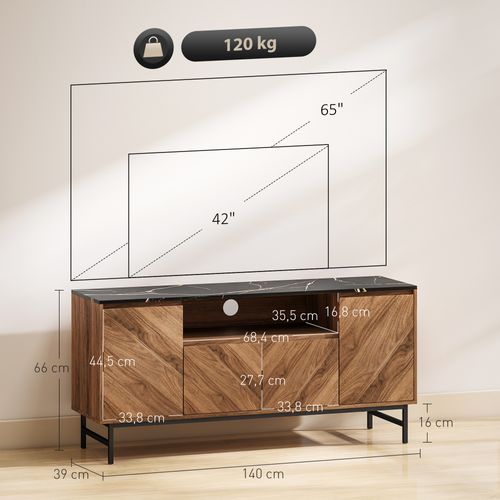 Meuble TV Design Effet Bois Aspect Marbre Noir 4 Portes 2 Étagères Niche